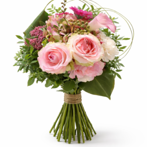 Romantisk rosa blomsterbukett med rosor och säsongsblommor