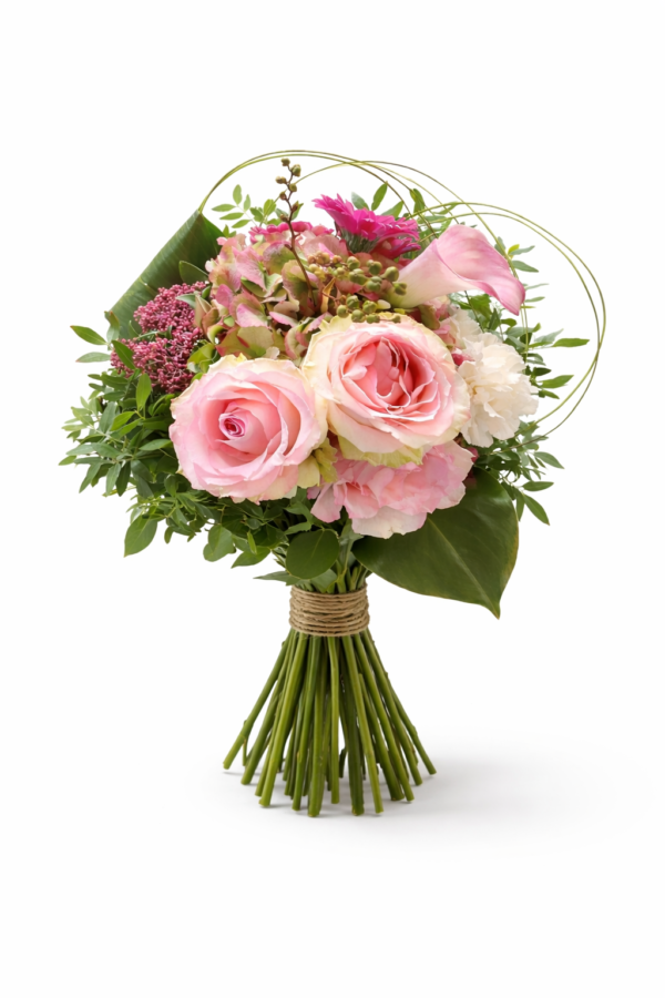 Romantisk rosa blomsterbukett med rosor och säsongsblommor