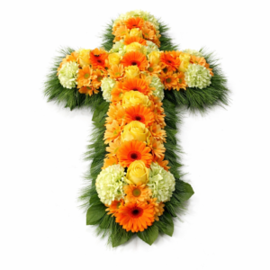 Begravningskors med gula rosor och orange blommor